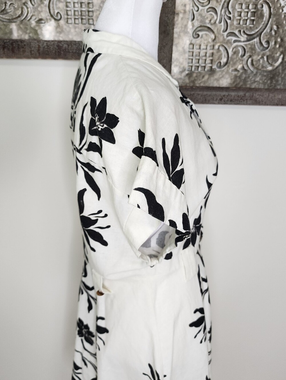 Zara Cream & Black Floral Linen Blend Button-Front Fit-and-Flare Dress Large - Picture 10 of 16